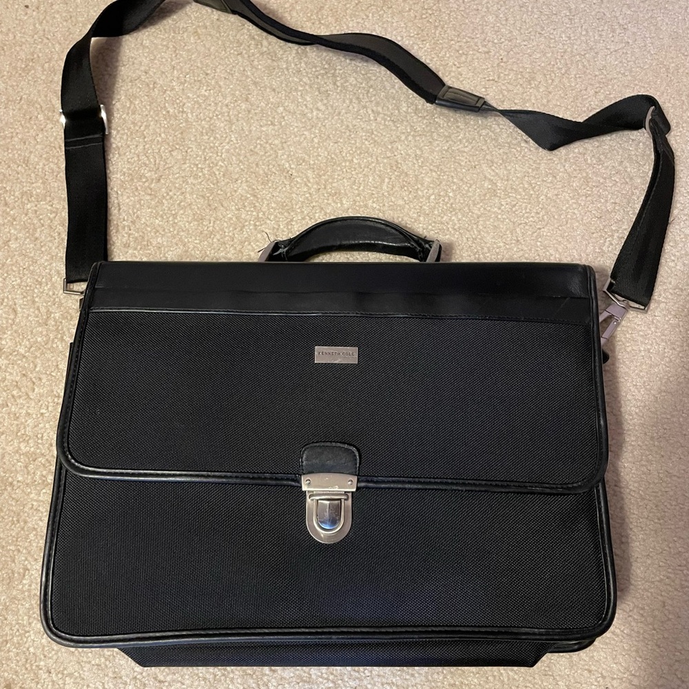 Kenneth Cole Black Napa Leather & Nylon Flap Over laptop Briefcase